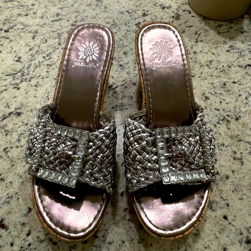 Yellow Box braided buckled wedges